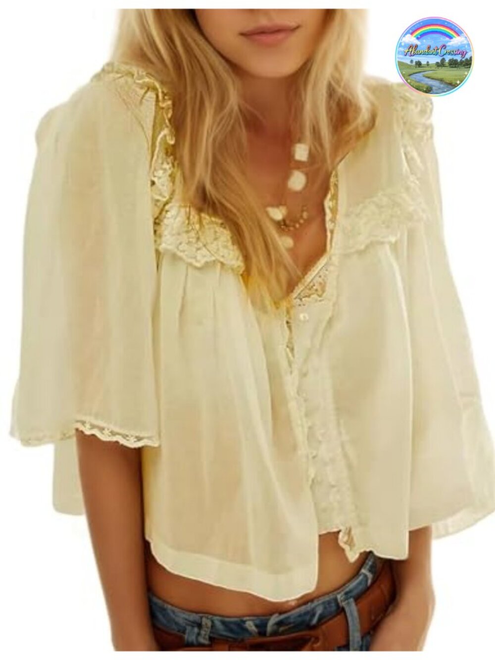 Womens Oversized Crop Boho Lace Half Sleeve 100% Cotton V-Neck Button Down